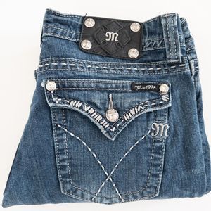 Miss Me Women’s 31 Bootcut Jeans Flap Pockets Embellished Rhinestones Dark Wash